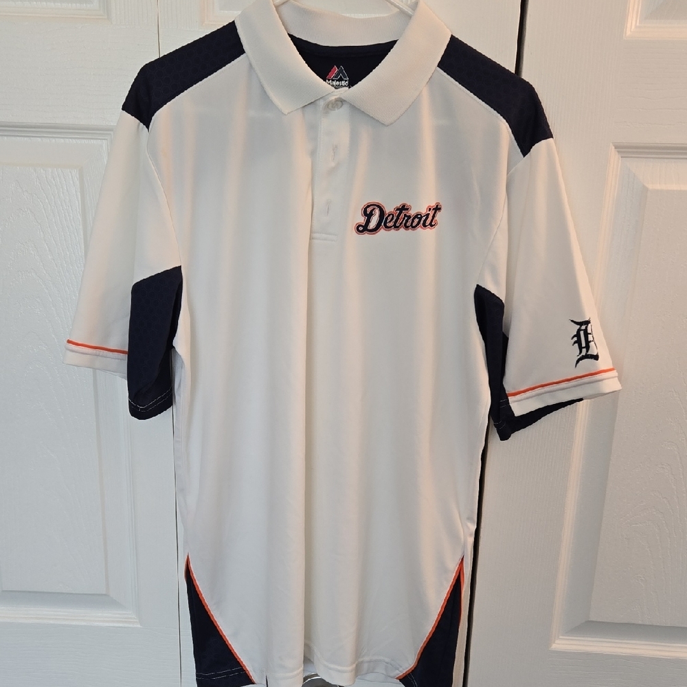 Majestic White Navy Polo with Orange Trim - Detroit Script